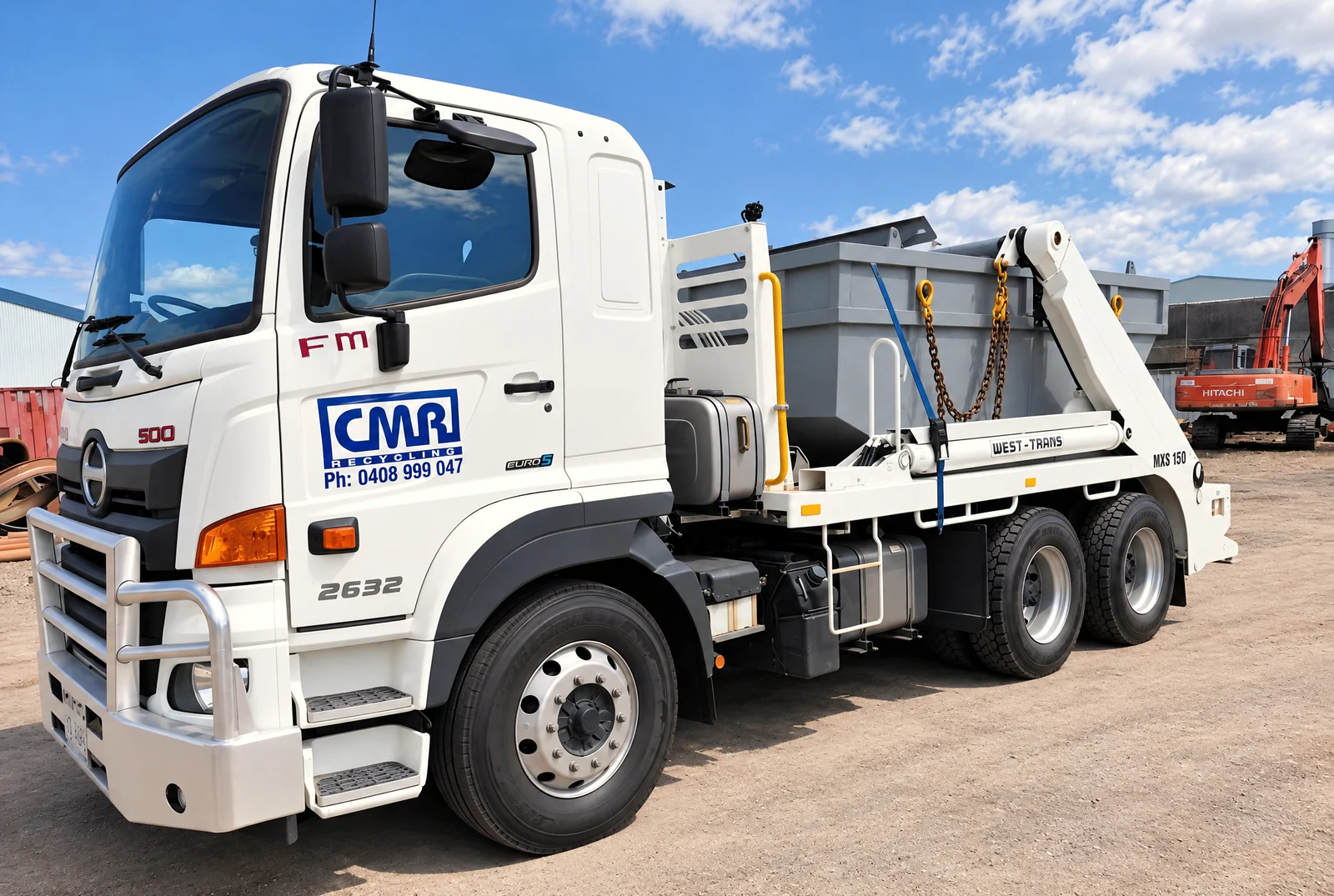 CMR Recycling skip loader truck with a green bin