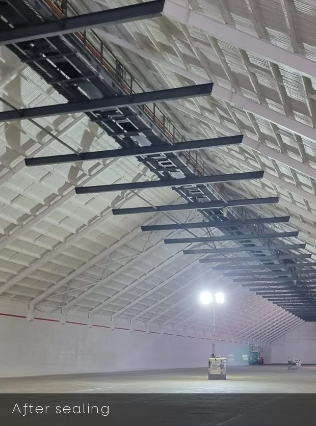 Shed interior after Global Sealing's airtight sealing, with a bright white sealed liner