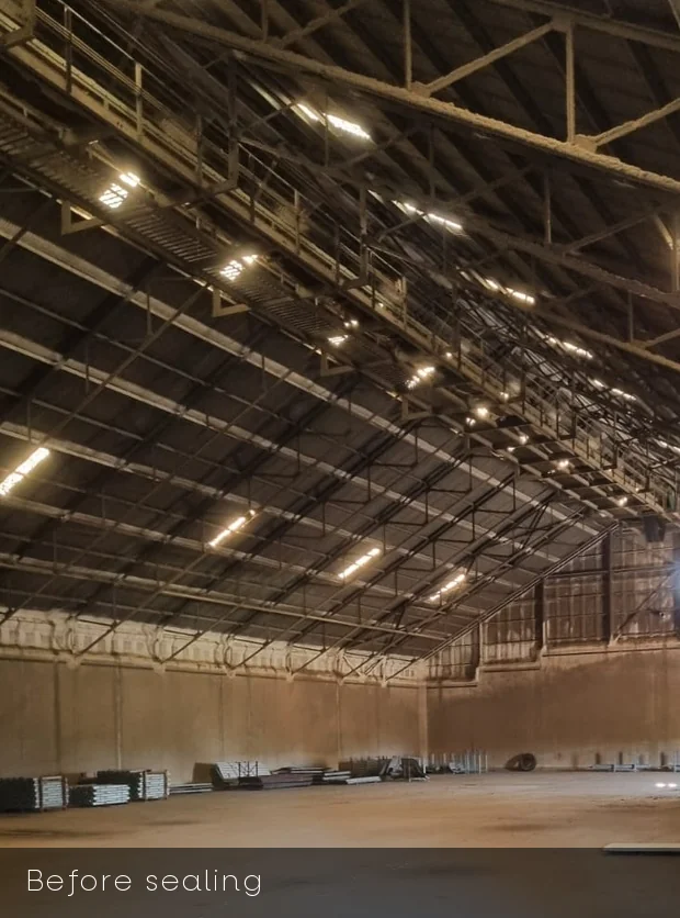 Grain storage shed interior before sealing, with exposed dark roof trusses