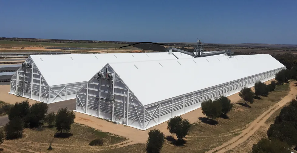 Aerial view of large white grain storage sheds sealed by Global Sealing in Western Australia