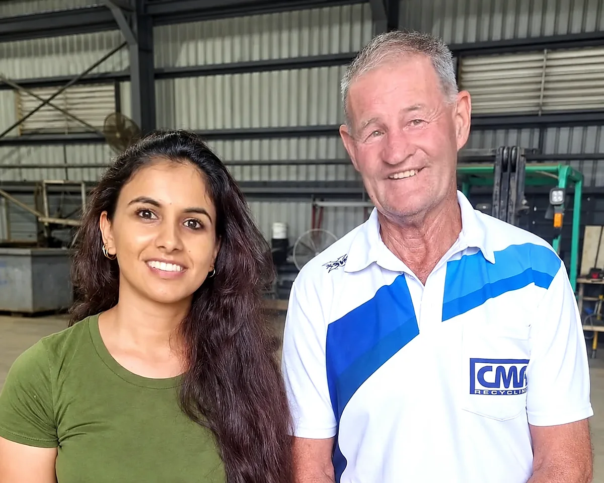 Peter Bourke and Nikita Gossain in the CMR Recycling shed, Mackay